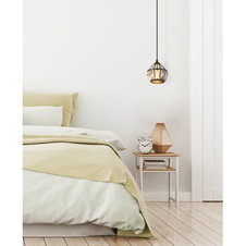 Závěsné svítidlo, kov černý matný, kov mosaz, kovové tyče černé matné, skleněné křišťály průhledné, kabel PVC černý, nastavitelná výška, Ø:125mm, V:1500mm, bez žárovky 1x E14, 40W 230V
