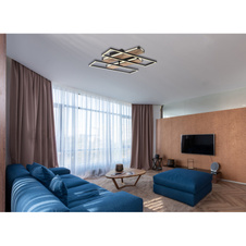 Stropní svítidlo, kov, hliník černý matný, MDF se vzhledem dřeva, plast opál, několik úrovní přes nástěnný vypínač, pam. funkce, otočné, 3 úrovně: 1.hlavní světlo, 2. LED v rámu, 3.obě spolu, DxŠxV:600x520x120mm, 2x LED 24W 230V 1500lm výstup, 3000K