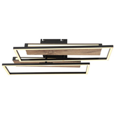 Stropní svítidlo, kov, hliník černý matný, MDF se vzhledem dřeva, plast opál, několik úrovní přes nástěnný vypínač, pam. funkce, otočné, 3 úrovně: 1.hlavní světlo, 2. LED v rámu, 3.obě spolu, DxŠxV:600x520x120mm, 2x LED 24W 230V 1500lm výstup, 3000K