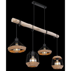 Závěsné svítidlo, kov černý matný, dřevo tmavě hnědé, konopné lano hnědé, DxŠxV: 105x21x120cm, bez žárovek 4xE27, max. 60W 230V