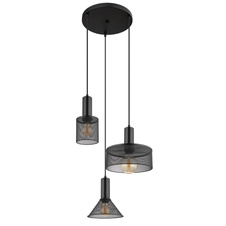 Závěsné svítidlo kov černý, kovová mřížka černá matná, kabel PVC černý, možnost nastavení výšky, Ø:460mm, V:1500 mm, Ø stínítka: 12cm, 21cm, 25cm, bez žárovek 3x E27 60W 230V