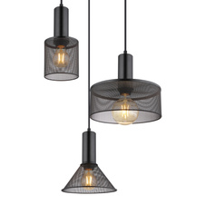 Závěsné svítidlo kov černý, kovová mřížka černá matná, kabel PVC černý, možnost nastavení výšky, Ø:460mm, V:1500 mm, Ø stínítka: 12cm, 21cm, 25cm, bez žárovek 3x E27 60W 230V
