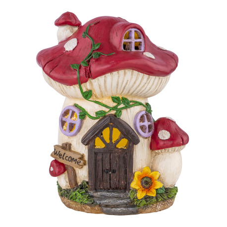 Barevné plastové solární svítidlo, hřib - domek, vypínač, dobíjecí baterie součástí balení AA 200mAh 1,2V, IP44, DxŠxV:155x122x190mm, vč.LED 0,06W 3V, 3000K