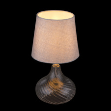 Stolní svítidlo, kov nikl matný, sklo průhledné, textil šedý, kabel 1,5 m, vypínač, Ø210, V:400, bez žárovky 1xE27, max. 60W 230V.