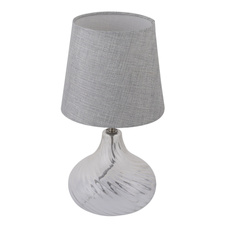Stolní svítidlo, kov nikl matný, sklo průhledné, textil šedý, kabel 1,5 m, vypínač, Ø210, V:400, bez žárovky 1xE27, max. 60W 230V.