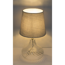 Stolní svítidlo, kov nikl matný, sklo průhledné, textil šedý, kabel 1,5 m, vypínač, Ø210, V:400, bez žárovky 1xE27, max. 60W 230V.