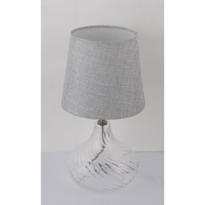 Stolní svítidlo, kov nikl matný, sklo průhledné, textil šedý, kabel 1,5 m, vypínač, Ø210, V:400, bez žárovky 1xE27, max. 60W 230V.