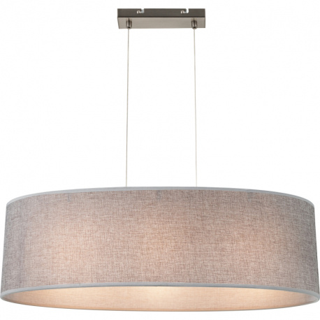 Závěsné svítidlo, kov nikl matný, plast, textil šedý, akryl satinovaný, výška stínidla 20 cm, DxŠxV:650x250x1400, bez žárovek 3xE27, max. 60W 230V.