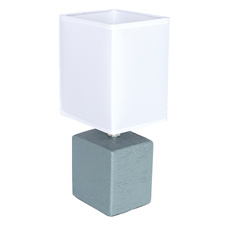 Stolní lampa, keramika šedá, textil bílý, kabel 1,2m, vypínač, DxŠxV: 13x11x29cm, bez zdroje 1xE14, max. 40W 230V.