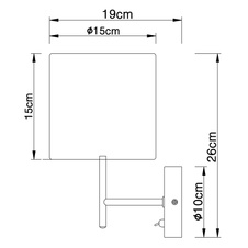 Nástěnné svítidlo, kov nikl matný, plast, textil šedý, vypínač, ŠxV:15cmx26cm, H:19cm, bez žárovky 1xE14, max. 40W 230V.