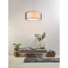 Závěsné svítidlo, kov nikl matný, plast, textil šedý, satinovaný akryl, výška stínidla 23 cm, ø 530, V:1400, bez žárovek 3xE27, max. 60W 230V.