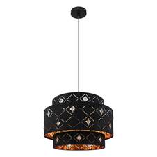 Závěsné svítidlo, kov černý, textil černý, akrylové křišťály průhledné, stínítko uvnitř zlaté, Ø40cm, V:140cm, bez žárovky 1xE27, max. 60W 230V