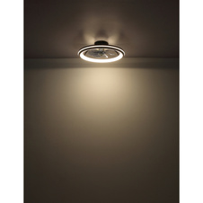 Stropní ventilátor, kov/hliník černý matný, plast bílý/kouřový, stmívatelný, několik úrovní přes nástěnný spínač, paměť,dál. ovládání, 15 m², 2 směry otáčení, DxŠxV:900x300x150 mm, LED 38W 230V, zdroj 440-4400lm, výstup 180-1800lm, CCT3000-6500K