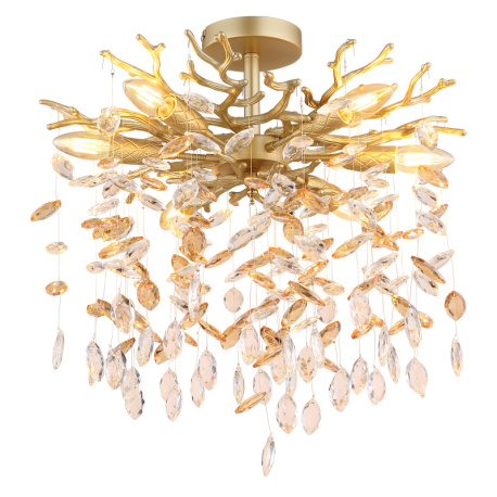 Stropní svítidlo, kov matně zlatý, skleněné křišťály jantarové, čiré, ø: 500 mm, V: 560 mm, bez žárovek 6xE14 40W, max. 230V