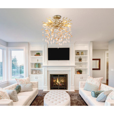 Stropní svítidlo, kov matně zlatý, skleněné křišťály jantarové, čiré, ø: 500 mm, V: 560 mm, bez žárovek 6xE14 40W, max. 230V