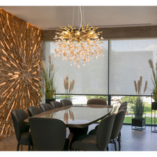 Závěsné svítidlo, kov zlatý mat, skleněné křišťály jantar, čiré, výškově nastavitelné, ø: 600 mm, V: 1200 mm, bez žárovek 8xE14, max. 40W 230V