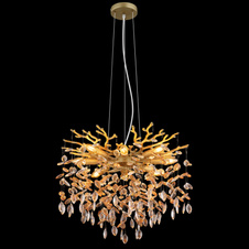 Závěsné svítidlo, kov zlatý mat, skleněné křišťály jantar, čiré, výškově nastavitelné, ø: 600 mm, V: 1200 mm, bez žárovek 8xE14, max. 40W 230V