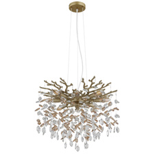 Závěsné svítidlo, kov zlatý mat, skleněné křišťály jantar, čiré, výškově nastavitelné, ø: 600 mm, V: 1200 mm, bez žárovek 8xE14, max. 40W 230V