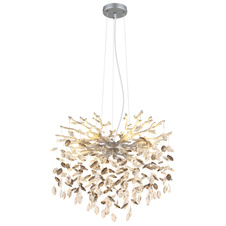 Závěsné svítidlo, kov stříbrný mat, skleněné křišťály kouřové, čiré, výškově nastavitelné, ø: 600 mm, V: 1200 mm, bez žárovek 8xE14, max. 40W 230V