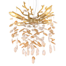 Závěsné svítidlo, kov zlatý mat, skleněné křišťály jantarové, čiré, PVC kabel, výškově nastavitelné, ø: 400 mm, V: 1200 mm, bez žárovek 4xE14, max. 40W 230V