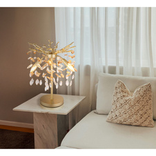 Stolní lampa, kov matně zlatý, skleněné křišťály jantarové, čiré, PVC kabel, kolébkový vypínač na kabelu, ø: 360mm, V: 500mm, délka kabelu 1200mm, bez žárovek 3xE14, max. 40W 230V