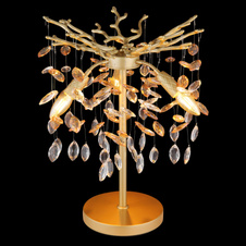 Stolní lampa, kov matně zlatý, skleněné křišťály jantarové, čiré, PVC kabel, kolébkový vypínač na kabelu, ø: 360mm, V: 500mm, délka kabelu 1200mm, bez žárovek 3xE14, max. 40W 230V