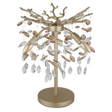 Stolní lampa, kov matně zlatý, skleněné křišťály jantarové, čiré, PVC kabel, kolébkový vypínač na kabelu, ø: 360mm, V: 500mm, délka kabelu 1200mm, bez žárovek 3xE14, max. 40W 230V