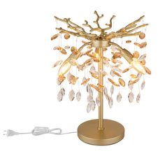 Stolní lampa, kov matně zlatý, skleněné křišťály jantarové, čiré, PVC kabel, kolébkový vypínač na kabelu, ø: 360mm, V: 500mm, délka kabelu 1200mm, bez žárovek 3xE14, max. 40W 230V
