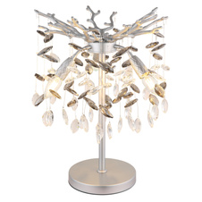 Stolní lampa, kov stříbrný mat, skleněné křišťály kouřové, čiré, PVC kabel, kolébkový vypínač na kabelu, ø: 360 mm, V: 500 mm, délka kabelu 1200 mm, bez žárovek 3xE14, max. 40W 230V