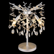 Stolní lampa, kov stříbrný mat, skleněné křišťály kouřové, čiré, PVC kabel, kolébkový vypínač na kabelu, ø: 360 mm, V: 500 mm, délka kabelu 1200 mm, bez žárovek 3xE14, max. 40W 230V