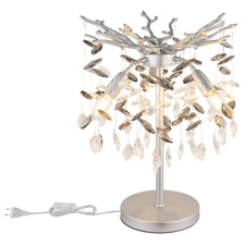 Stolní lampa, kov stříbrný mat, skleněné křišťály kouřové, čiré, PVC kabel, kolébkový vypínač na kabelu, ø: 360 mm, V: 500 mm, délka kabelu 1200 mm, bez žárovek 3xE14, max. 40W 230V