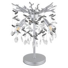 Stolní lampa, kov stříbrný mat, skleněné křišťály kouřové, čiré, PVC kabel, kolébkový vypínač na kabelu, ø: 360 mm, V: 500 mm, délka kabelu 1200 mm, bez žárovek 3xE14, max. 40W 230V