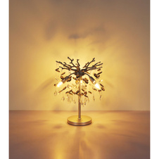 Stolní lampa, kov stříbrný mat, skleněné křišťály kouřové, čiré, PVC kabel, kolébkový vypínač na kabelu, ø: 360 mm, V: 500 mm, délka kabelu 1200 mm, bez žárovek 3xE14, max. 40W 230V