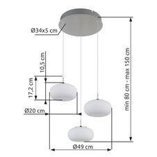 Závěsné svítidlo, kov nikl matný, sklo bílé, průhledný kabel, ø: 490 mm, H: 1500 mm, výškově nastavitelné od 80 do 150 cm, včetně LED 18W 230V, zdroj 1890lm, výstup 1500lm, 3000K