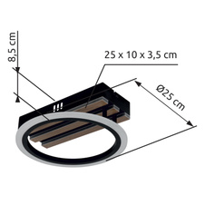 Stropní svítidlo, kov černý mat, MDF imitace tmavého dřeva, bílý plast, několik úrovní nástěnným spínačem, nastavení barev, paměťová funkce, DxŠxV: 250x250x85mm, včetně LED 10W 230V, zdroj 1100lm, výkon 580lm, CCT 3000/4200/6000K