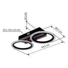 Stropní svítidlo, kov černý mat, MDF imitace tmavého dřeva, bílý plast, několik úrovní nástěnným spínačem, nastavení barev, paměťová funkce, DxŠxV: 445x210x85mm, včetně LED 15W 230V, zdroj 1850lm, výkon 880lm, CCT 3000/4200/6000K