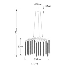 Závěsné svítidlo, kov chrom, hliník chrom, čiré plastové křišťály, transparentní PVC kabel, výškově nastavitelné, ø: 500 mm, V: 1200 mm, bez žárovek 6xG9 max. 8W 230V