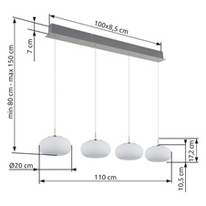 Závěsné svítidlo, kov nikl matný, sklo bílé, průhledný kabel, DxŠxV: 1100x200x1500mm, výškově nastavitelné od 80 do 150 cm, včetně LED 24W 230V, zdroj 2520lm, výstup 2000lm, 3000