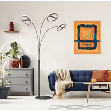 Stojací lampa, kov černý mat, hliník šedý tmavý, plast bílý, plastové krystaly čiré, dotykové zapínání/vypínání, dotykový stmívač, paměť, včetně adaptéru, DxŠxV: 837x1023x1902mm, LED 48W 230V, zdroj 6150lm, výstup 1500lm, CCT 3000/4000/6000K