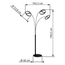 Stojací lampa, kov černý mat, hliník šedý tmavý, plast bílý, plastové krystaly čiré, dotykové zapínání/vypínání, dotykový stmívač, paměť, včetně adaptéru, DxŠxV: 837x1023x1902mm, LED 48W 230V, zdroj 6150lm, výstup 1500lm, CCT 3000/4000/6000K