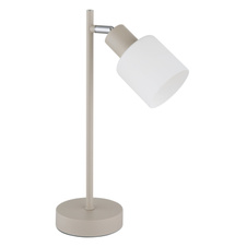 Stolní lampa, kov, písková matná, kov chromovaný, sklo bílé, kabel PVC černý, kolébkový vypínač na kabelu, DxŠxV: 210x110x350mm, délka kabelu 1500mm, bez žárovky 1x E14,max. 25W 230V