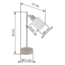 Stolní lampa, kov, písková matná, kov chromovaný, sklo bílé, kabel PVC černý, kolébkový vypínač na kabelu, DxŠxV: 210x110x350mm, délka kabelu 1500mm, bez žárovky 1x E14,max. 25W 230V