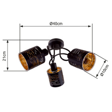 Stropní svítidlo, kov černý, plast černý a zlatý, Ø40cm, V:21cm, bez žárovek 3xE14, max. 15W 230V