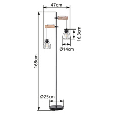 Stojací svítidlo, černý kov, dřevo přírodní, černý kov, vypínač, DxŠxV: 47x25x168cm, bez žárovek 2xE27, max. 40W 230V