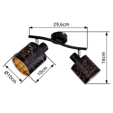 Nástěnné svítidlo, kov černý, plast černý a zlatý, DxŠxV: 30x10x16cm, bez žárovek 2xE14, max. 15W 230V