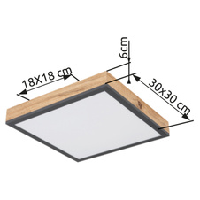 Stropní svítidlo, hliník, grafit, MDF imitace dřeva, akryl bílý, rám imitace dubu, DxŠxV: 30x30x6cm, včetně 1xLED 12W 230V, zdroj 1200lm, výstup 800lm, 3000K