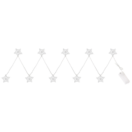 Světelný LED řetěz, kovový, stříbrný, saténový akrylový dekor, vzdálenost mezi hvězdami 10cm, přívodní kabel 30cm, vypínač, bez 2xAA baterie, DxŠxV: 900x55x15, vč. 10xLED 0,03W 3V, 3000K