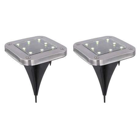 Solární svítidlo, ocel, plast černý, průhledný, IP44, tvar čtverce, se zapichovacím hrotem, 1xAA 300mAh 1,2V, DxŠxV:100x100x130mm, 2ks v balení, včetně 8xLED 0.1W 3V, bílé