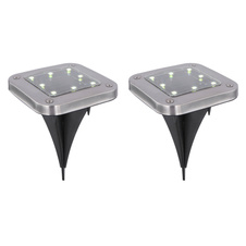 Solární svítidlo, ocel, plast černý, průhledný, IP44, tvar čtverce, se zapichovacím hrotem, 1xAA 300mAh 1,2V, DxŠxV:100x100x130mm, 2ks v balení, včetně 8xLED 0.1W 3V, bílé