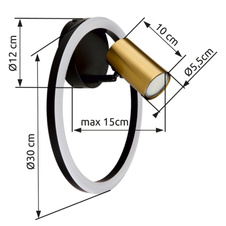 Nástěnné svítidlo kov černý matný, kov mosaz matná, plast bílý, Ø:300mm, V:150mm, včetně LED 12W 230V, 1500lm zdroj, 800lm výstup, 3000K, bez 1xGU10 LED 5W 230V